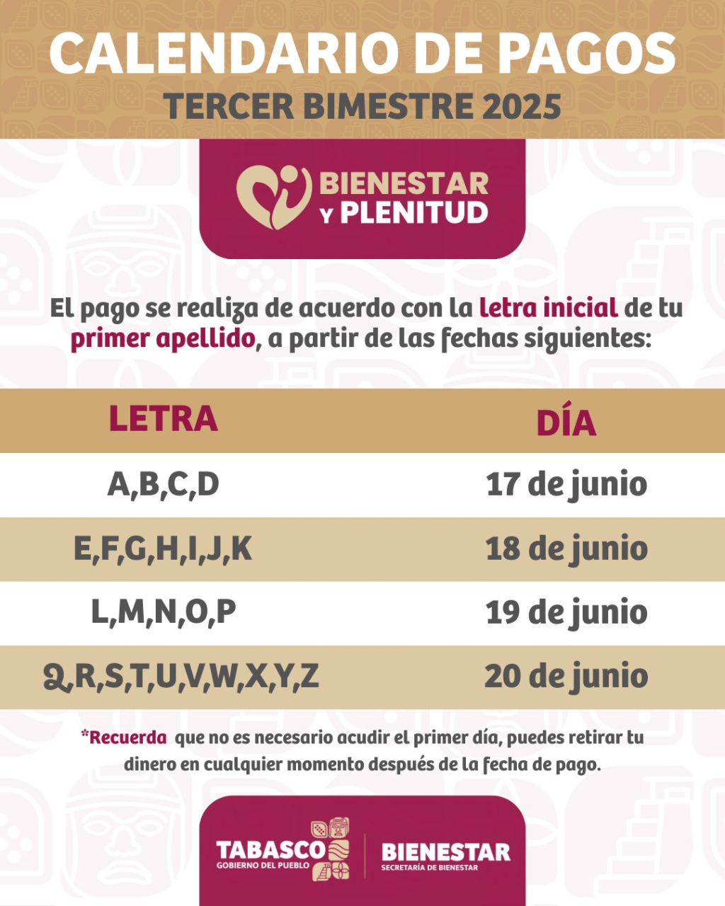 Del 17 al 20 de junio se realizará pago de pensión del programa Bienestar y&nbsp;Plenitud