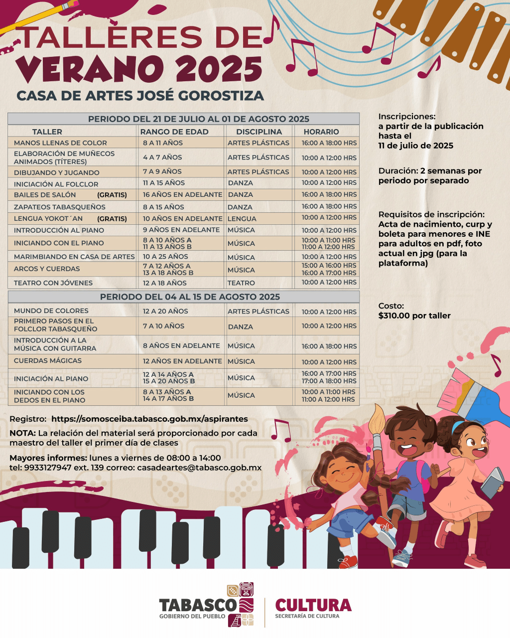 Inician inscripciones para talleres de verano y actividades culturales en&nbsp;Tabasco