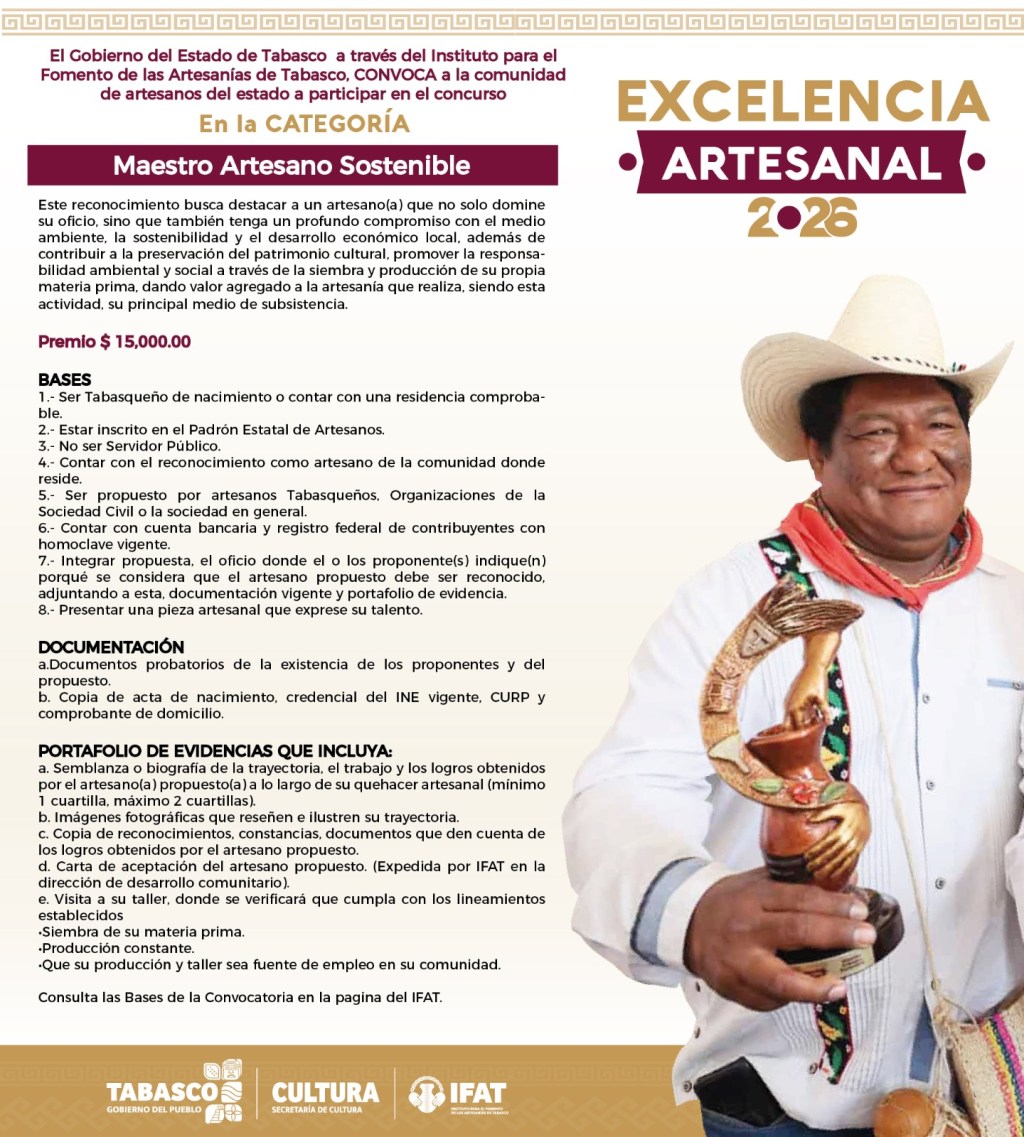 Invita IFAT a artesanos tabasqueños a participar en el concurso Excelencia Artesanal&nbsp;2026