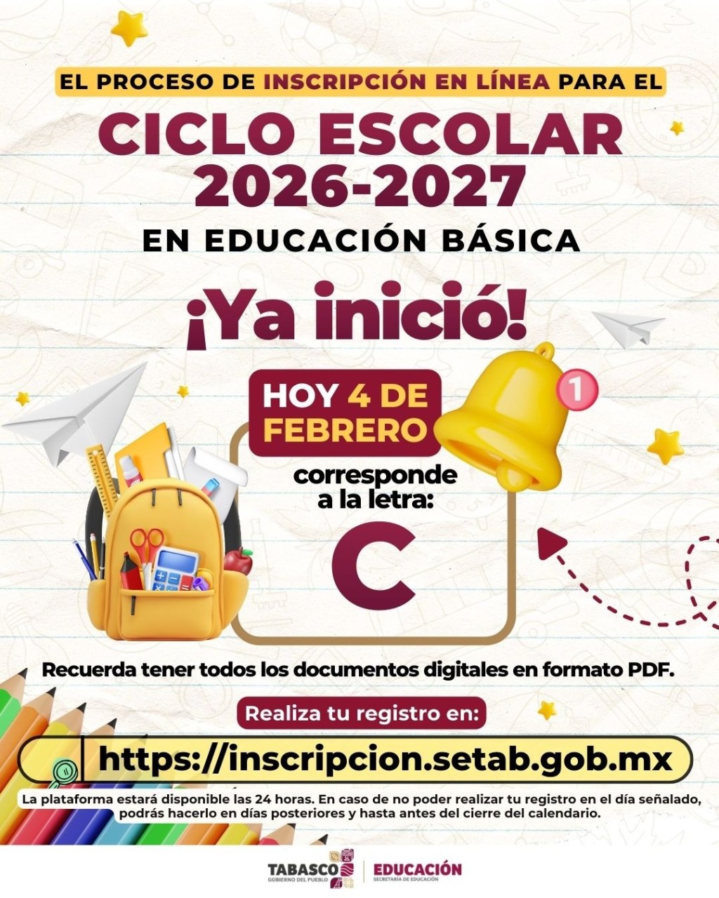 Inicia inscripción en línea para Educación Básica 2026–2027; hoy corresponde a la letra&nbsp;C