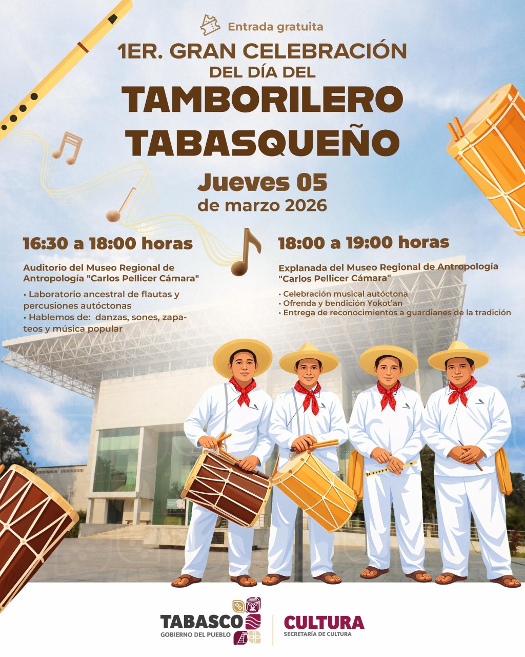 Celebrarán 1ª Gran Fiesta del Día del Tamborilero Tabasqueño en el Museo Regional de Antropología