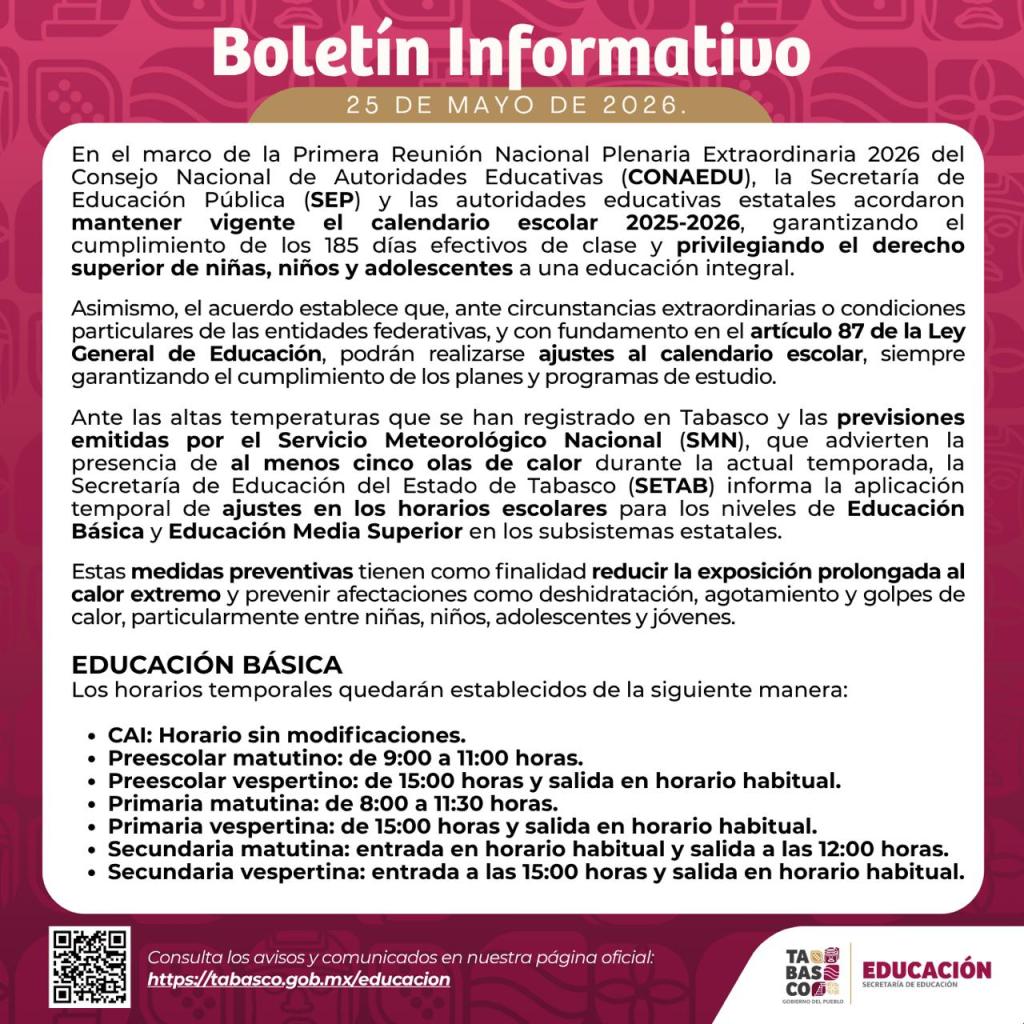 SETAB ajusta horarios escolares en&nbsp;Tabasco