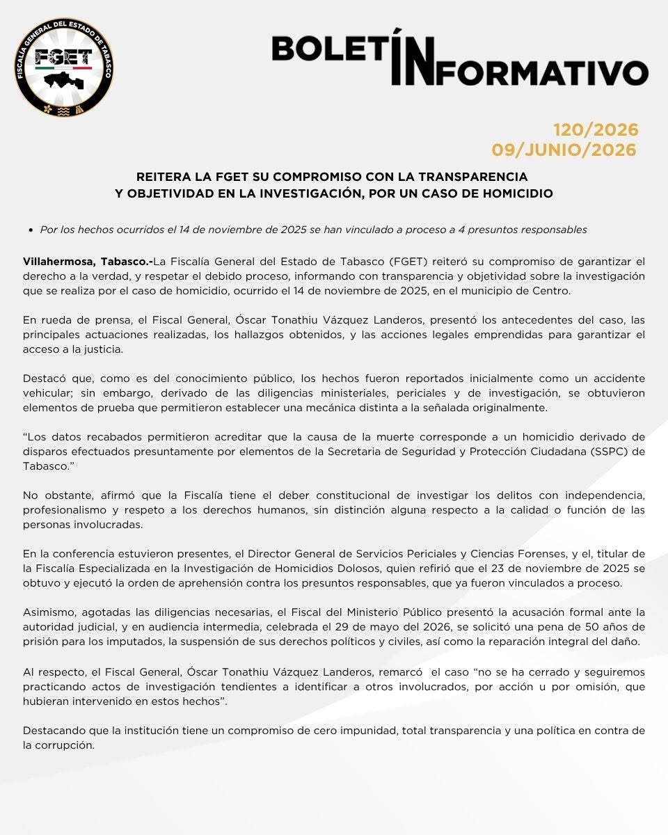 Fiscalía de Tabasco vincula a proceso a cuatro personas por homicidio ocurrido en&nbsp;Centro